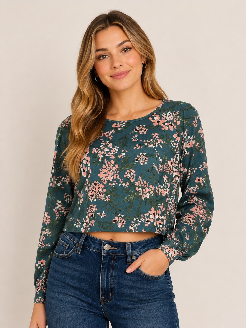 Floral Long Sleeve Cropped Blouse | Size M | Teal & Blush Pink #1039